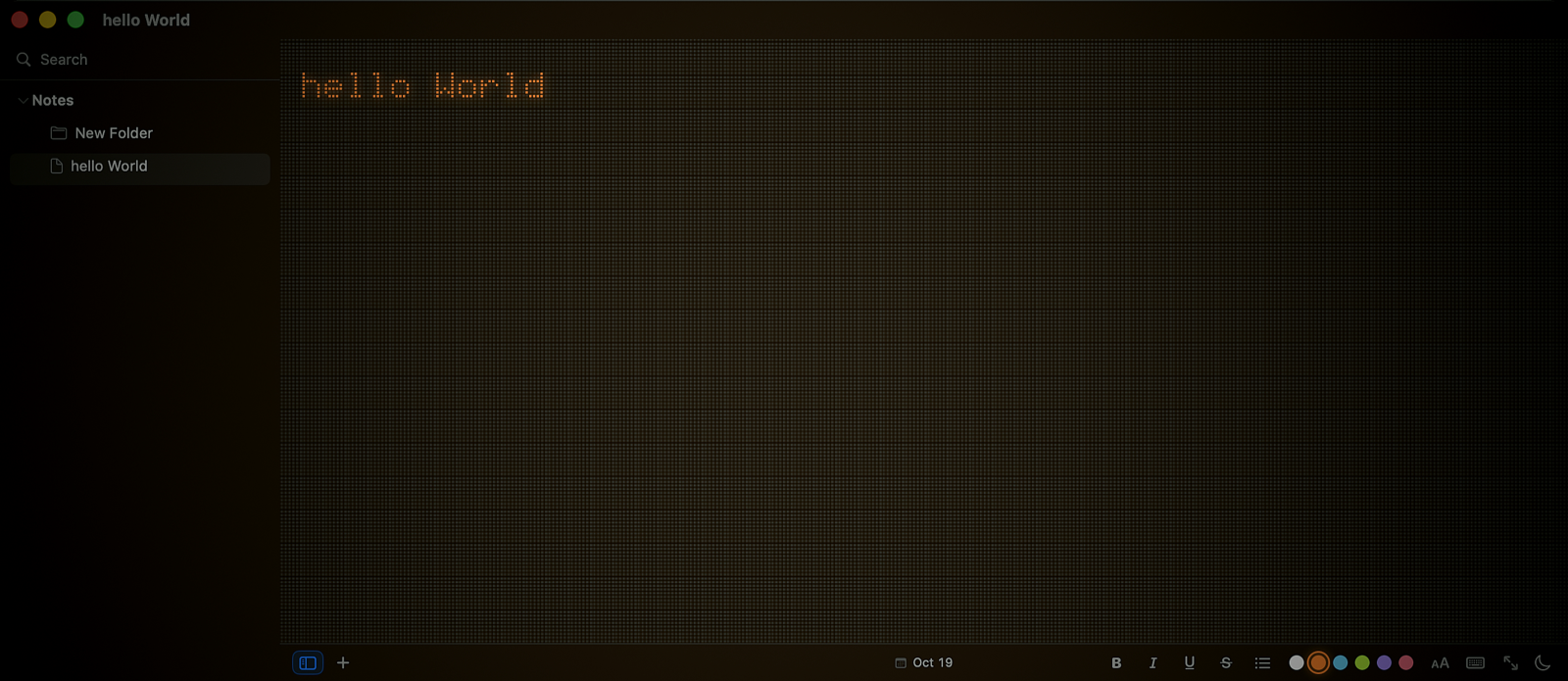FewNote editor showing a note rendered in the dot matrix